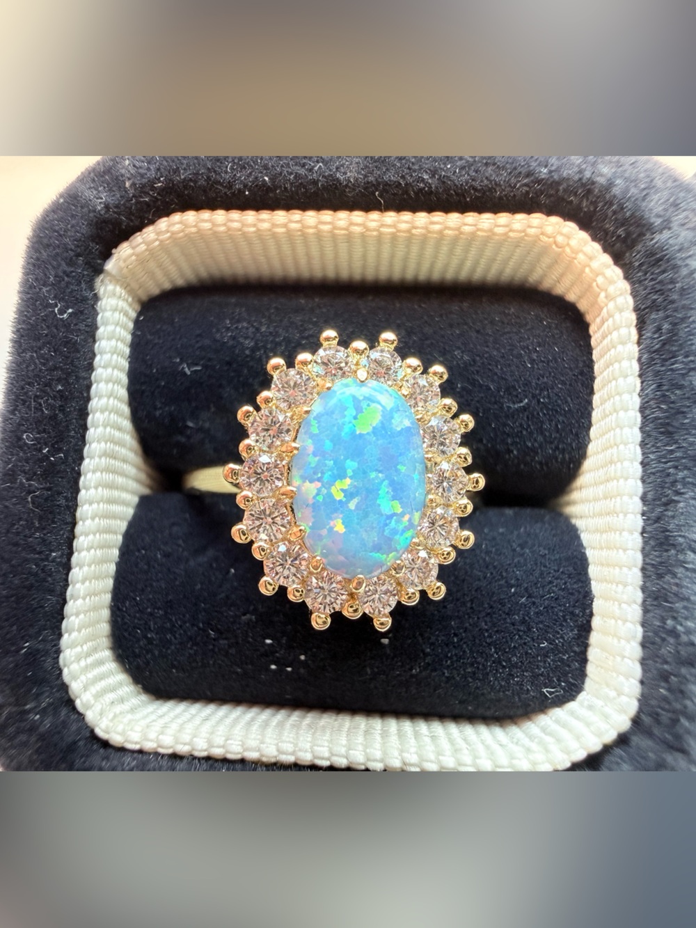 Iridescent Blue Opal and Crystal Halo Ring Gold  Sterling Silver Statement Ring